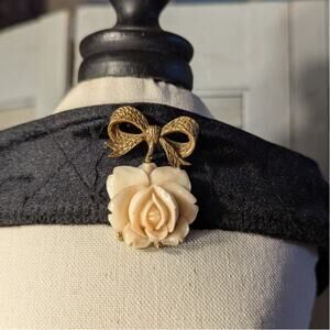 Vintage carved faux Lucite coral dangling rose flower pin